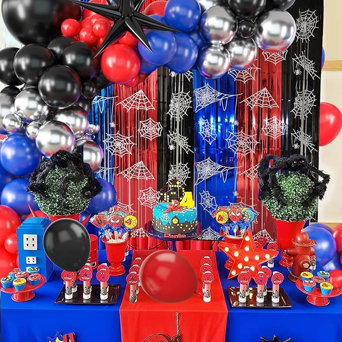 Spider Web Birthday Decorations 2 Pack Spider Party Supplies 3.3x6.6ft Red Blue and Black Spidey Tinsel Foil Fringe Curtains Backdrop Red and Blue Streamers Spider Theme Party Decorations