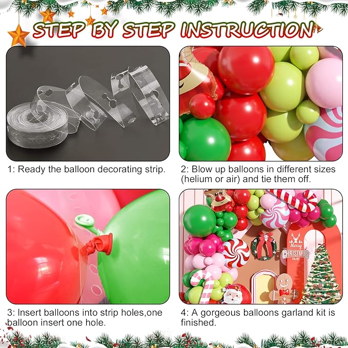 Christmas Arch Kit - Balloon Garland with Red, Pink, Green Latex Balloons for Xmas Party Decorations
