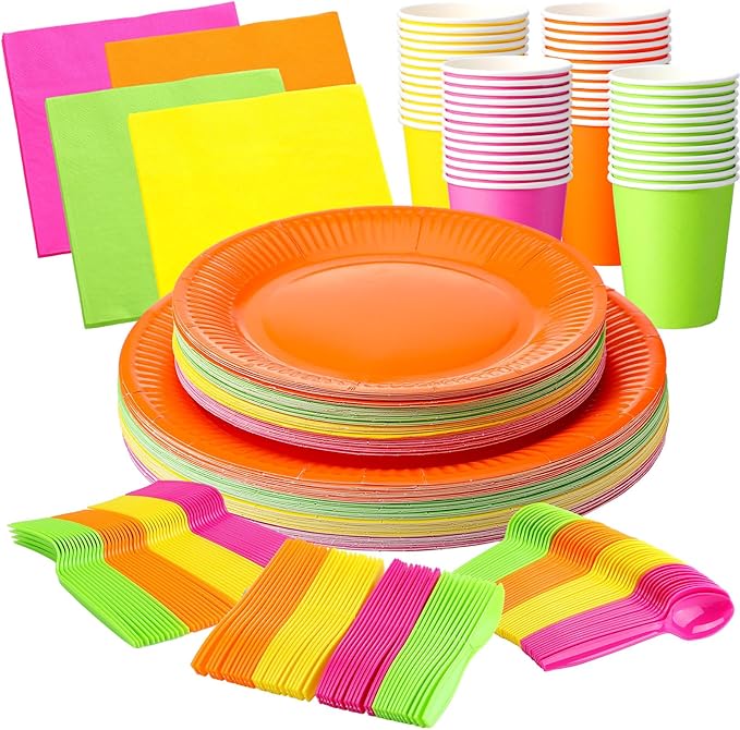 Tioncy 350 Pcs Neon Glow Party Supplies Serves 50, Including Disposable 9 Inch 7 Inch Paper Plates Napkins Cups and Plastic Forks Knives Spoons for Neon Party Decorations Fiesta Birthday Supplies