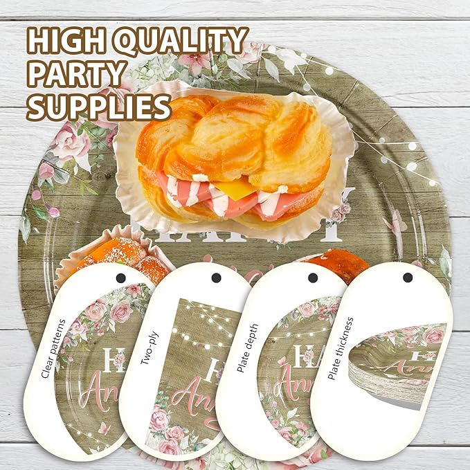 96Pcs Happy Anniversary Party Decorations Rustic Pink Floral Happy Anniversary Plates and Napkins Wooden Cheers to Marriage Decoration for 40th 50th Wedding Commemoration Day Party Supplies Serves 24