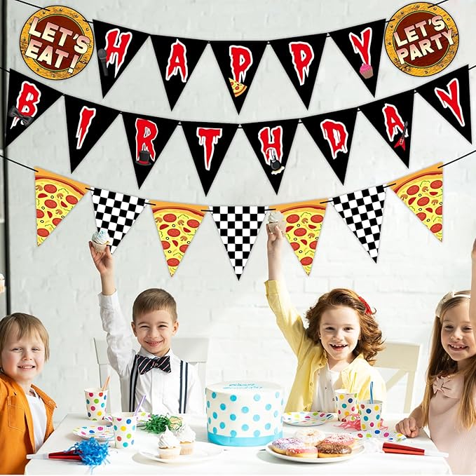 Night Party Decoration Horror Game Happy Birthday Banner Pre-Strung Black White Checkered Pizza Pennant Banner Flags Video Game Bunting Garland for Spooky Creepy Bear Themed Birthday Party Supplies