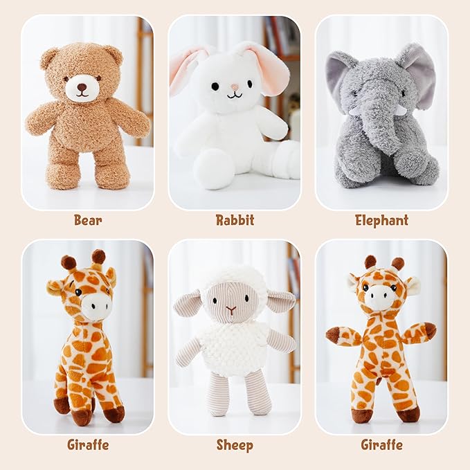 6 Pcs Stuffed Animals Bulk, 8 Inch Small Stuffed Safari Animals, Zoo Stuffed Animals Set (Sheep Elephants Bear Giraffe Bunny) Baby Shower Party Decor, Easter Gift for Classroom Kids, Girls