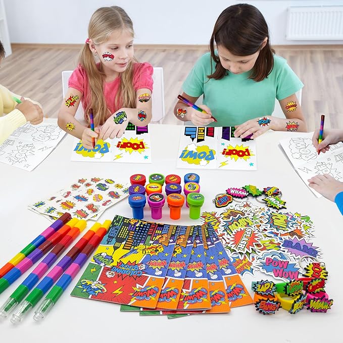 Cinrobiye 72 Pcs Hero Party Favors, Hero Coloring Books, Stickers, Tattoos, Stampers, Keychains, Rings, Rainbow Pencils, Comic Birthday Party Supplies, Goodie Bag Fillers, Prize Bulk Set
