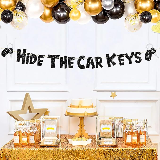 Pre-Strung Funny Birthday Decorations, NO DIY Glitter Hide The Car Keys Banner, 15th and 16th Car Theme Party Supplies, Sweet Sixteen 16 Year Old Birthday Gifts Ideas