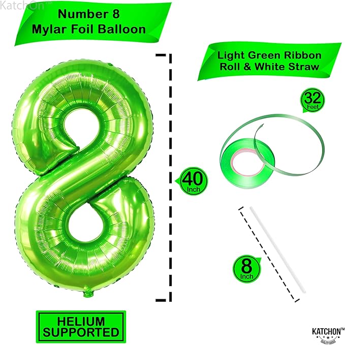 KatchOn, Light Green Number 8 Balloon - 40 Inch | Green Neon 8 balloon Number for 8th Birthday Decorations Boy | Number 8 Green Happy Birthday Balloons for 8th Anniversary Decorations