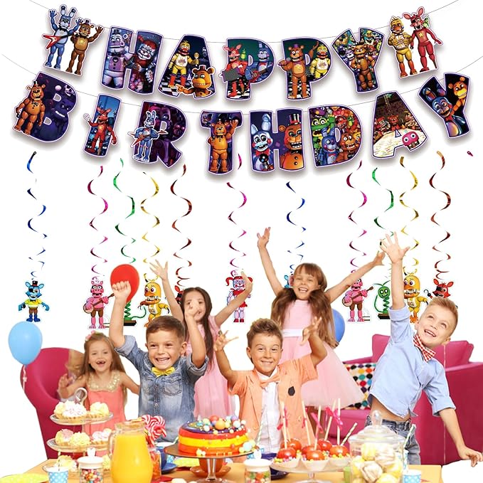 13Packs Five Nights party supplies Include 12 pcs Hanging Swirls and 1 Happy Birthday Banner for Five Nights party Decoration