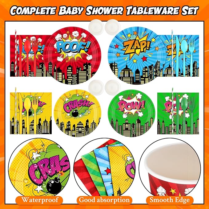 450 Pcs Hero Theme Tableware Set Decorations, Hero Action Themed Disposable Paper Plates Napkins Cups Cutlery Straws for Comic Birthday Baby Shower Party Supplies, Dinnerware Serves 50