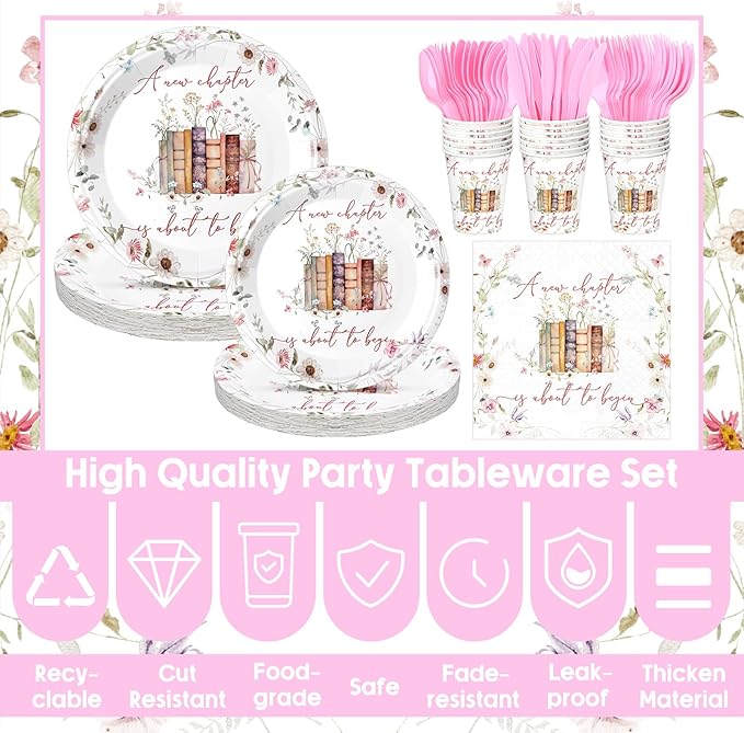168 Pcs A New Chapter Is About to Begin Baby Shower Tableware Set, Storybook Baby Shower Decorations Floral Bridal 9" 7" Paper Plates Cups Napkins Party Supplies, Book Wildflower Dinnerware