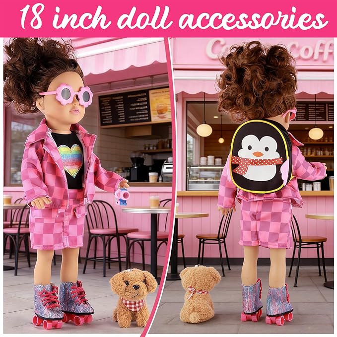 American 18 Inch Doll Clothes & Accessories Set – Includes Pink Plaid Coat, Heart T-Shirt, Skating Shoes, Pet Dog, Penguin Backpack, Camera, Glasses & More – Perfect for 18" Dolls (No Doll)