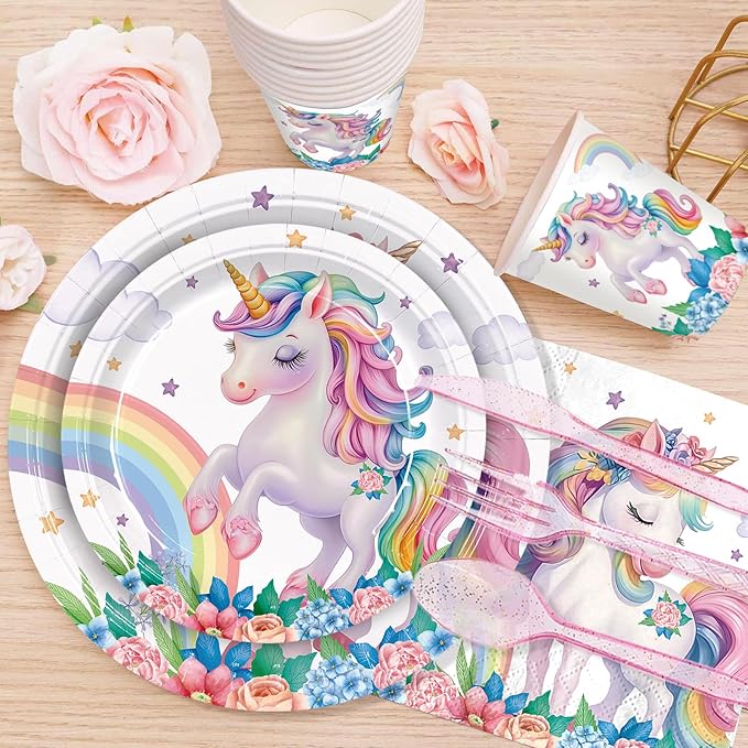 192pcs Unicorn Plates Napkins Unicorn Birthday Party Supplies Disposable Paper Cups Straw Tableware Set Pink Knives Forks Spoons Girls Birthday Party Decorations 24 Guests