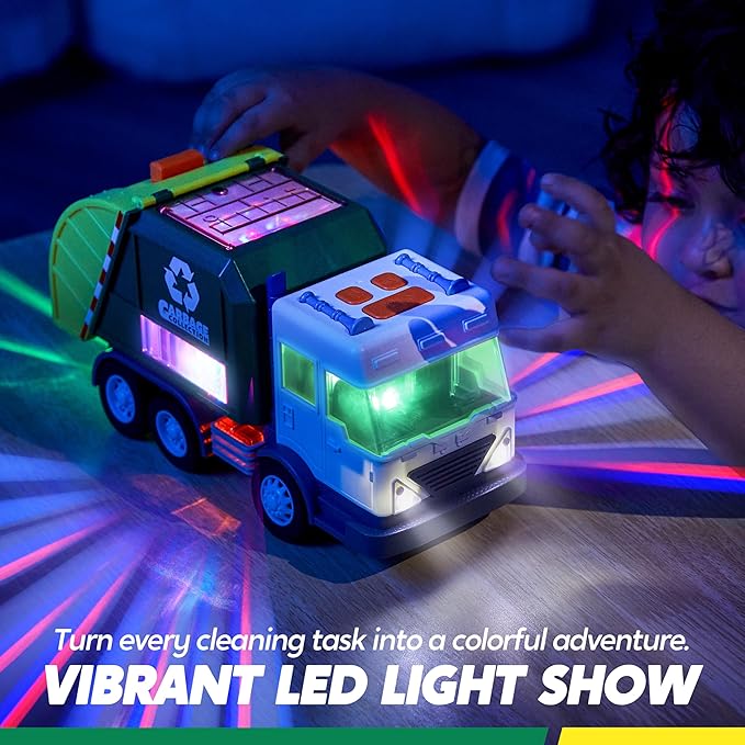 LED Garbage Truck Toy Set Includes Dumpster, Toy Truck with Mode Switch & Volume Control, Trash Vehicle with Lights and Sounds, Automatic Bump, Easter Basket Stuffers Birthday Gift for Boys Girls