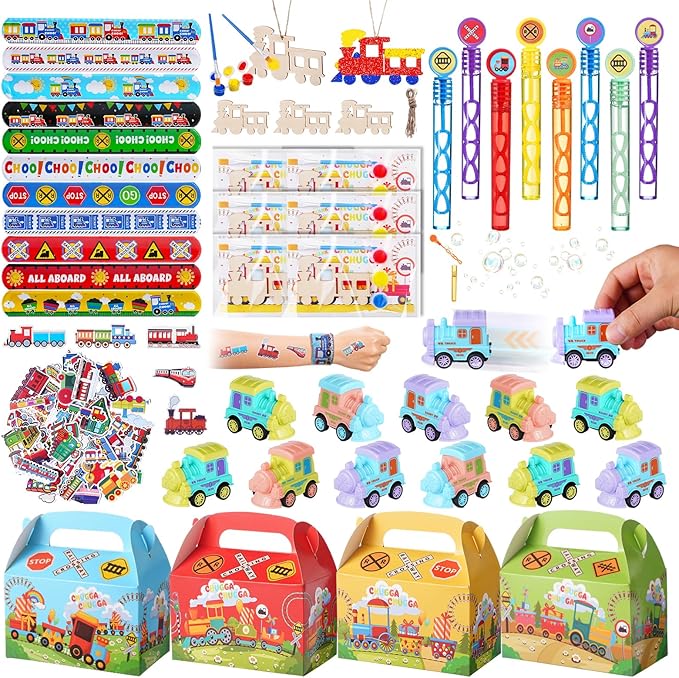 Vanblue 122Pcs Train Party Favors Birthday Themed Party Decoration Choo Choo Party Supplies Pull-back Vehicle Toys Gift for Boys Treat Gift Bags Stuffers Pinata Filler Classroom Rewards