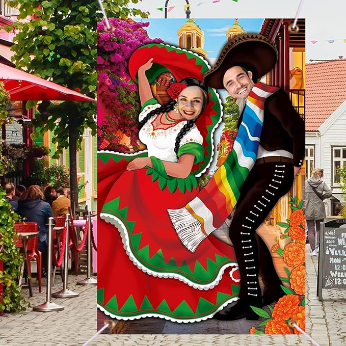 Tudomro Mexican Couple Photo Props Fiesta Party Background 6 x 4 ft Fabric Large Photo Door Banner Mexican Style Funny Games Supplies for Birthday Party Cinco De Mayo Festival Supplies