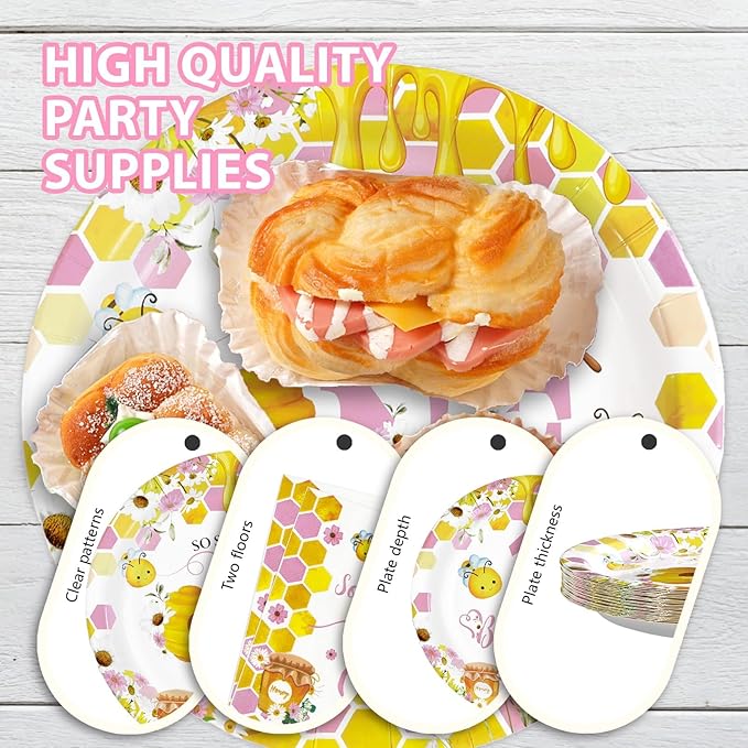 96Pcs Pink Bee 1st Birthday Party Supplies Honey First Bee Girls Baby Shower Plates and Napkins Tableware Sets So Sweet to Bee One Birthday Party Decorations for One Year Old Party Favors,Serves 24
