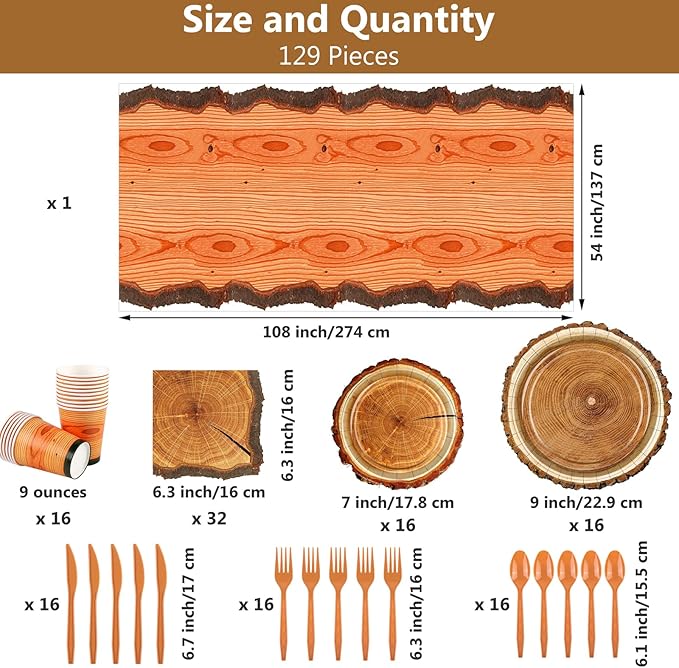 durony 129 Pieces Camping Birthday Party Supply Hunting Party Plate Tablecloth Cup Napkins Wood Slice Tableware Decorations for Kids Camo Hunter Themed Party
