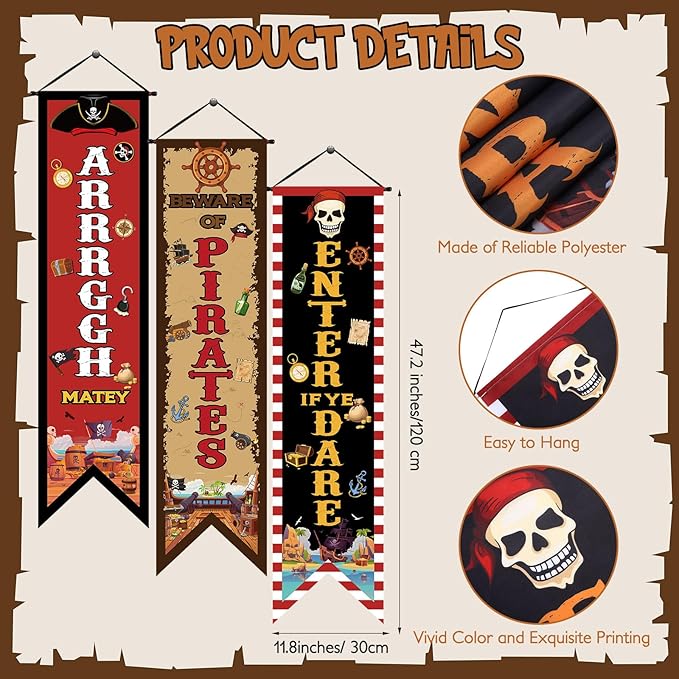 3 Pcs Pirate Banners Beware of Pirate Porch Sign Treasure Hunt Hanging Flags Skull Halloween Party Decorations Birthday Photo Props Backdrop Supplies for Outdoor Door Wall Yard Camping
