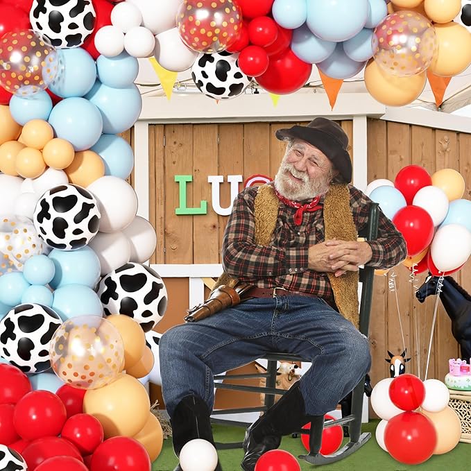 170Pcs Cowboy Western Balloons Arch Garland Kit,Red and Blue Cow Print Balloons for Western Cowboy Cowgirl Farm Animal Themed Baby Shower Birthday Party Decorations Supplies