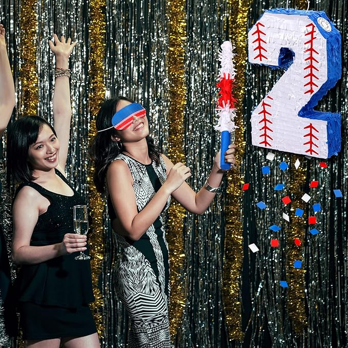 HyDren Baseball Piñata Baseball Party Decorations Number Piñata with Bat, Blindfold and Confetti, 16 Inch Sports Themed Birthday Party Supplies for Celebration Events(Number 2)