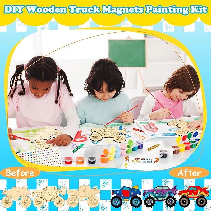 Bafeil Monster Truck Party Favors, 24 Pcs DIY Wooden Truck Painting Crafts Kit with Magnets, Car Birthday Party Supplies, Monster Trucks Party Decorations Goodie Bags Gifts Prizes Girls Boys