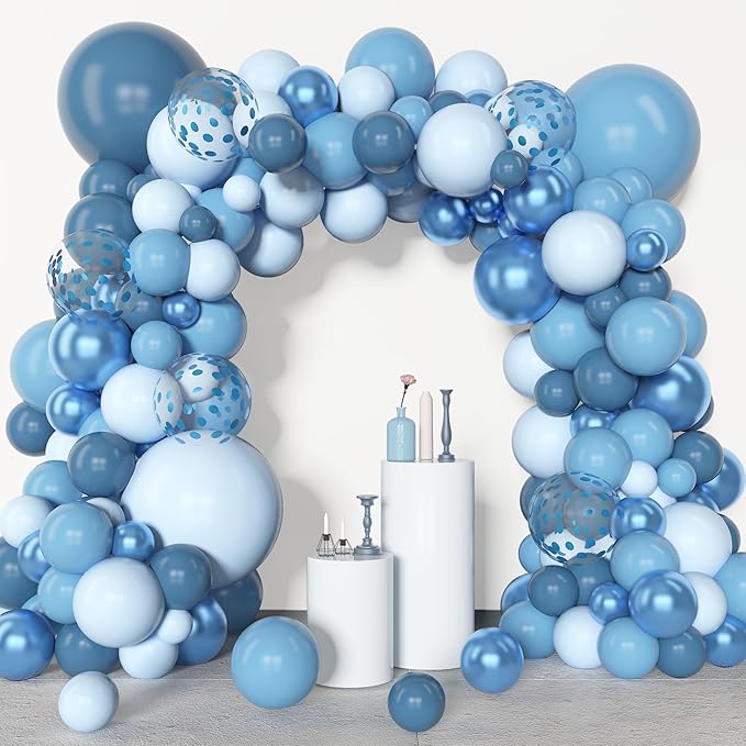 Amandir 153pcs Blue Balloon Garland Arch Kit, Different Sizes 18 12 10 5 inch Latex Metallic Confetti Blue Balloons for Boys Birthday Baby Shower Ocean Theme Party Anniversary Decoration Supplies