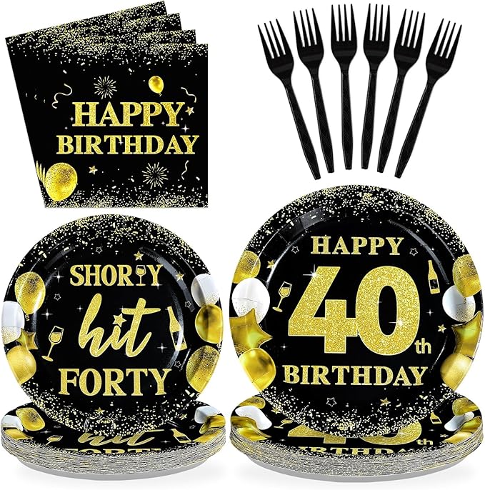 96Pcs 40th Birthday Party Supplies Black and Gold Shorty Hit Forty Plates and Napkins Gold Cheers to 40 Tableware Set for Women Men Happy 40th Birthday Party Supplies，Serves 24