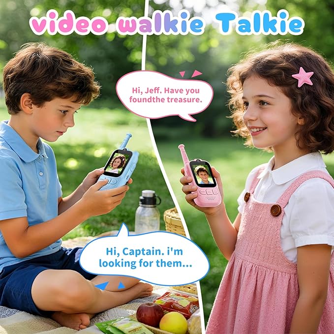 Kids Audio/Video Walkie Talkies, 2 Pack Rechargeable Walkie Talkies for Kids with 2’’ Screen & Camera & Voice Changer, Long Range Boys Girls Toys for Indoor Outdoor Camping Hiking Games (Pink/Blue)