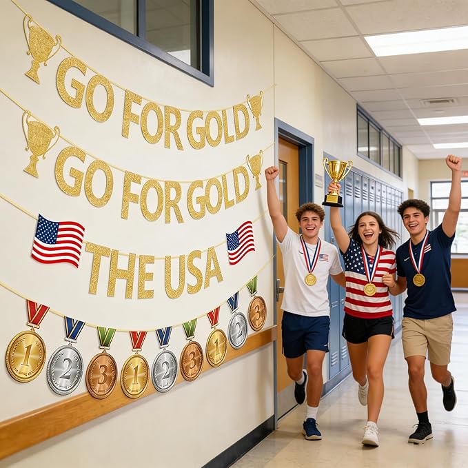 Sports Competition Party Decorations | Glitter Go for Gold Banners | for Olympic Themed Bulletin Board Athlete Competition Game Party Decor Supplies
