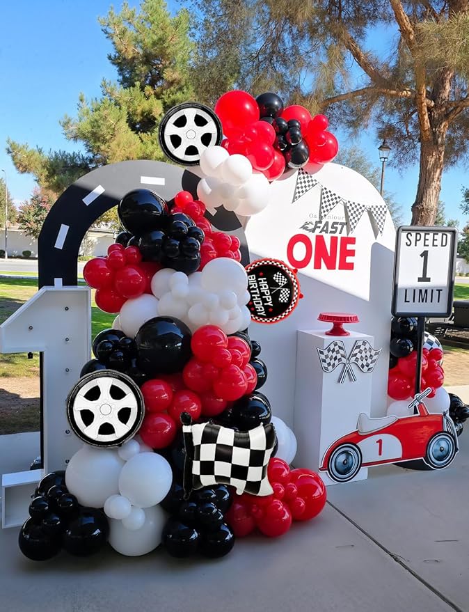 Race Car Balloon Arch Garland Kit, 103 Pcs Red Black Silver Balloons with Foil Checkered Flags and Wheels Balloons, for Racing Themed Birthday Party Supplies for Boys