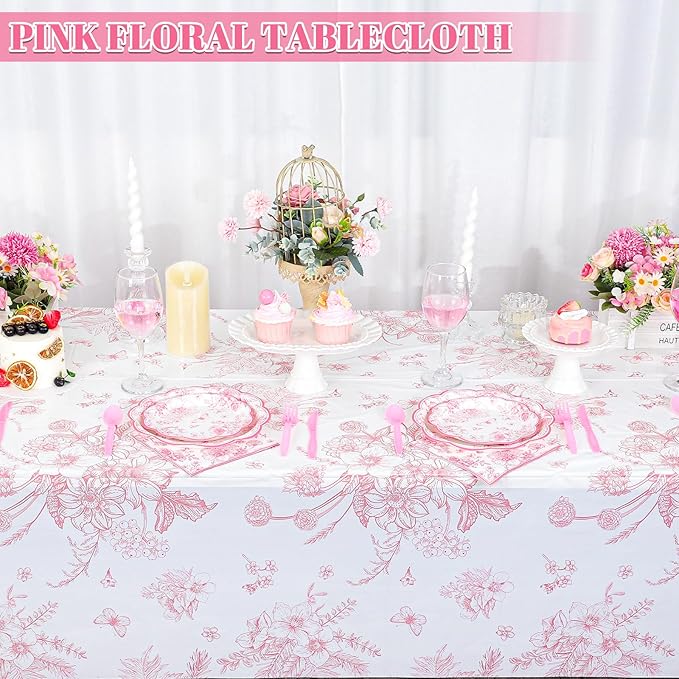 6 Pack Pink Floral Plastic Tablecloths, 54 X 108Inch Tea Party Tablecloth Disposable Vintage Table Cloth Pink and White Porcelain Tables Decor for Easter Mother's Day Birthday Garden Wedding Tea Party