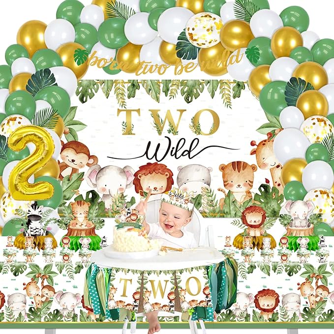 Mpanwen Two Safari Wild Birthday Decorations for 2 Years Old Boys, 158 Pcs Jungle Safari 2nd Party supplies for Baby - Backdrop, Tablecloth, Palm Leaves, Jungle Centerpieces, Banner, Crown and Poster