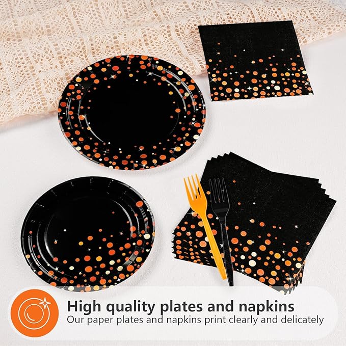 96Pcs Orange and Black Birthday Party Decorations Black Orange Polka Dot Plates and Napkins Sets for Birthday Wedding Bridal Shower Baby Shower Harvest Party Supplies Serves 24