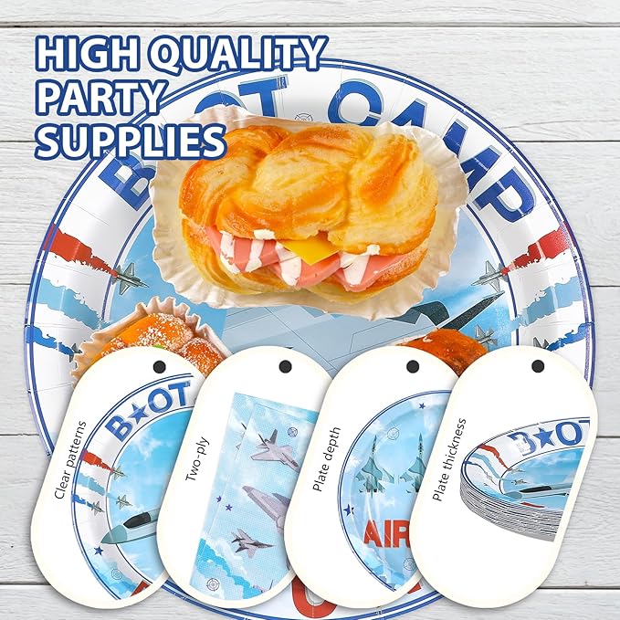 96Pcs Air Force Party Decorations Airplane Aviation Plates and Napkins Army Boot Camp Themed Disposable Paper Tableware Set for AirForce Pilot Birthday Patriotic Party Supplies Serves 24