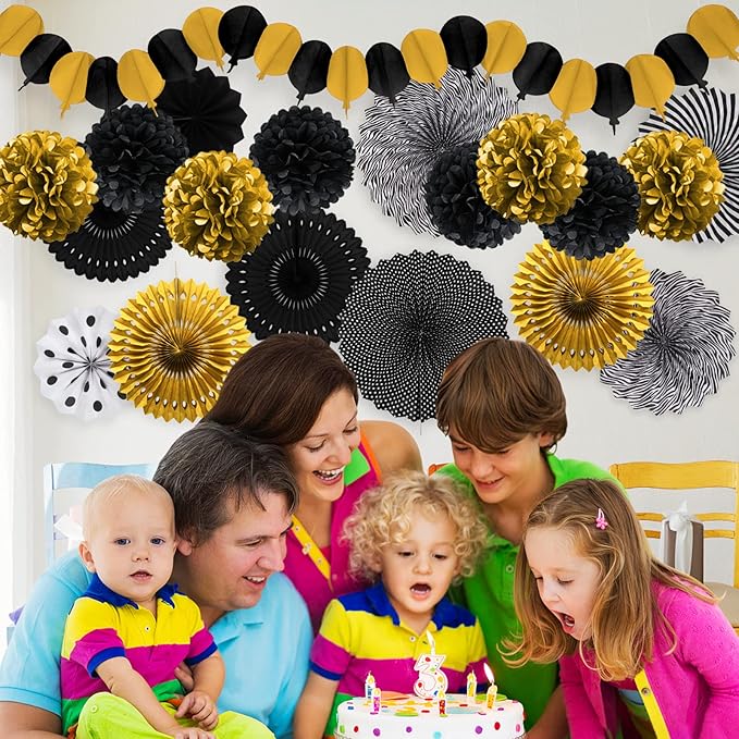 Black and Gold Decorations, Paper Pompoms Fan for Graduation Birthday Wedding Prom Night New Years Black and Gold Party Decorations