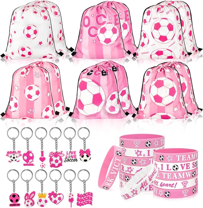 36 Pcs Pink Soccer Party Favors, Soccer Team Gifts for Girls Set Includes 12 Drawstring Goodie Bags, 12 Motivational Bracelets, 12 Keychains, Sports Birthday Party Supplies Decorations for Women