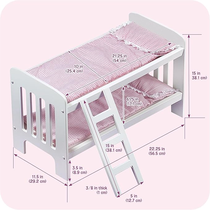 Badger Basket Doll Bunk Bed with Bedding & Ladder - Two Level Wooden Bed for Dolls, Includes Bedding & Accessories- White/Pink Gingham