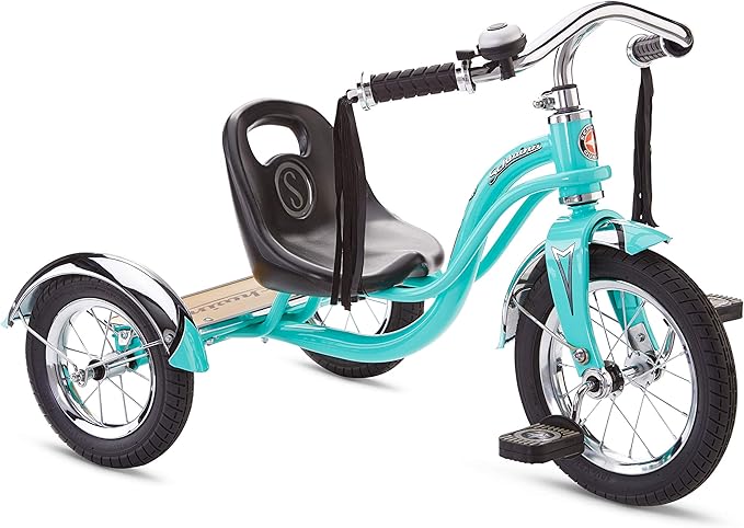 Schwinn Roadster Bike for Toddler, Kids Classic Tricycle, Low Positioned Steel Trike Frame with Bell and Handlebar Tassels, Rear Deck Made of Genuine Wood, for Boys and Girls Ages 2-4 Year Old, Teal