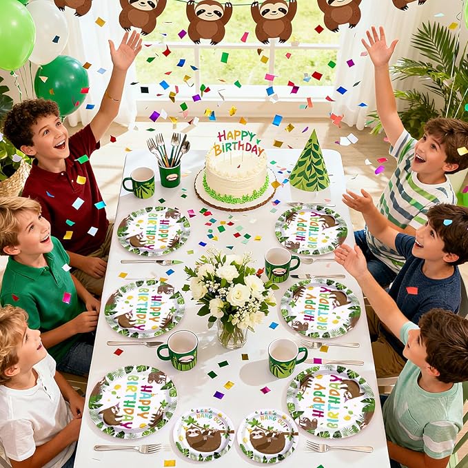 96Pcs Sloth Birthday Party Supplies Hanging Sloth Plates and Napkins Jungle Cute Animal Theme Tableware Set for Kids Girls Boys Animal Theme Birthday Party Supplies，Serves 24