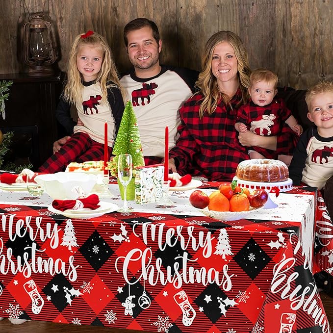 3Pcs Christmas Buffalo Plaid Snowflake Tablecloth, 51 x 86 Inch Red and Black Checkered Plastic Table Cover for Winter Holiday, New Year, Christmas Party Decorations