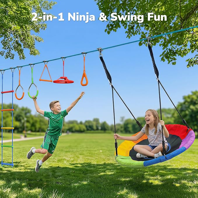 Hapfan 50 FT Ninja Warrior Obstacle Course Swing Set for Kids with Weather-Proof Accessories, Outdoor Playset with Monkey Bars for Backyard