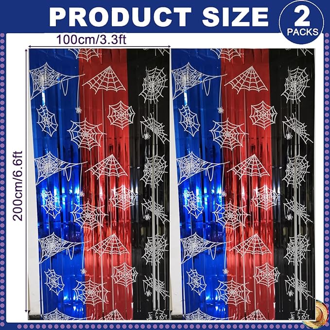 Spider Web Birthday Decorations 2 Pack Spider Party Supplies 3.3x6.6ft Red Blue and Black Spidey Tinsel Foil Fringe Curtains Backdrop Red and Blue Streamers Spider Theme Party Decorations