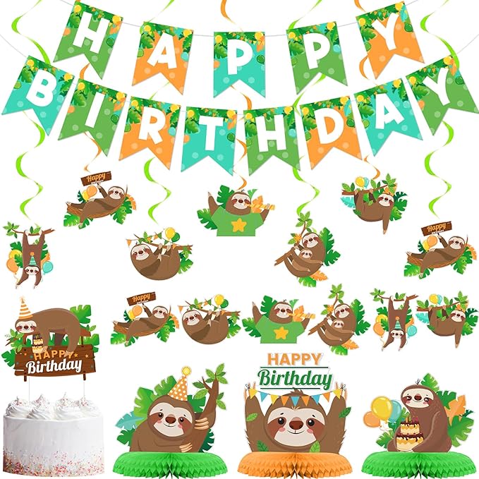 Sloth Birthday Party Decorations Set Sloth Theme Happy Birthday Banner Cake Toppers and 3 Pieces Honeycomb Table Centerpiece for Baby Shower