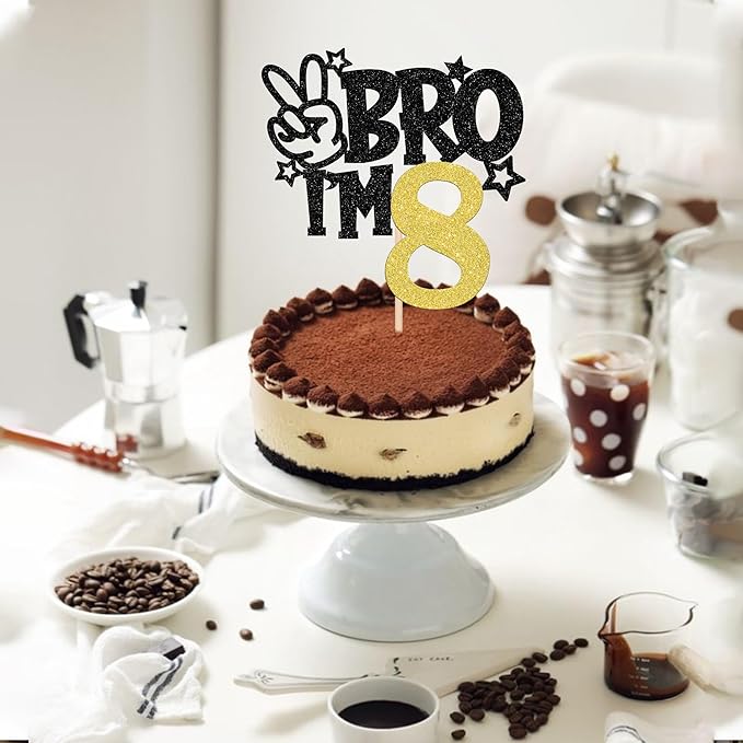 1 PCS Brother I'm 8 Cake Topper Glitter Star Happy 8th Birthday Cake Pick Bro I'm 8 Cake Decoration It's My 8th Birthday Decorations for Boys Cheers to 8 Years Old Birthday Party Supplies Gold