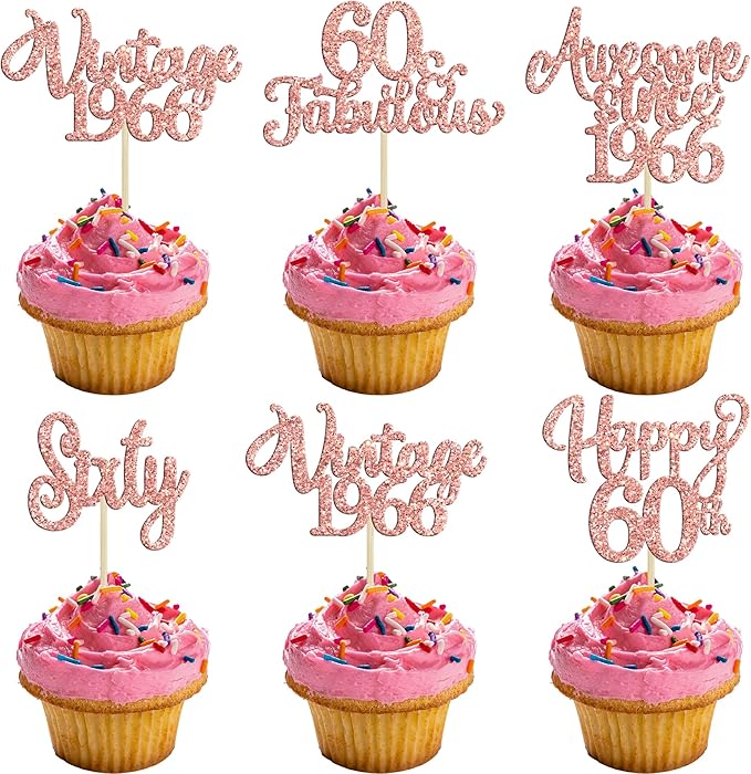 30Pcs Vintage 1966 Cupcake Toppers Glitter Sixty 60 Fabulous Happy 60th Birthday Cupcake Picks Cheers to 60 Years for 60th Birthday Anniversary Party Cake Decorations Supplies Rose Gold