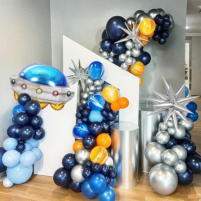 Outer Space Balloons, 12 Inch Orange Metallic Silver Blue Dark Blue Balloons with UFO and Silver Star Foil Balloon for Boys Galaxy Birthday Baby Shower Space Themed Party Decorations