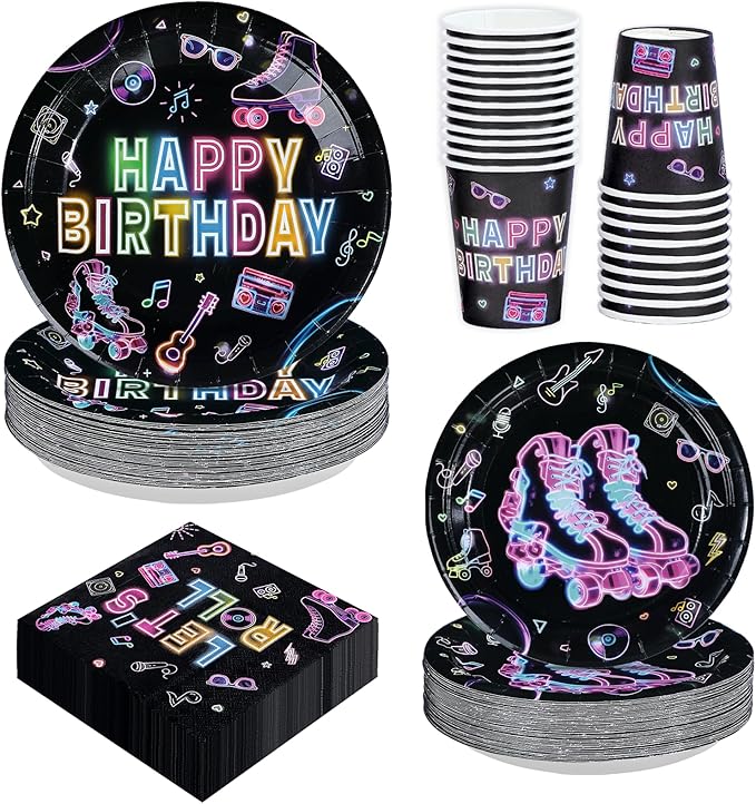 250Pcs Roller Skating Party Supplies Skating Birthday Plates Napkins Cups Neon Let’s Roll Disposable Paper Tableware Set for Kids Boys Girls Roller-Skate Birthday Party Decoration Serves 50