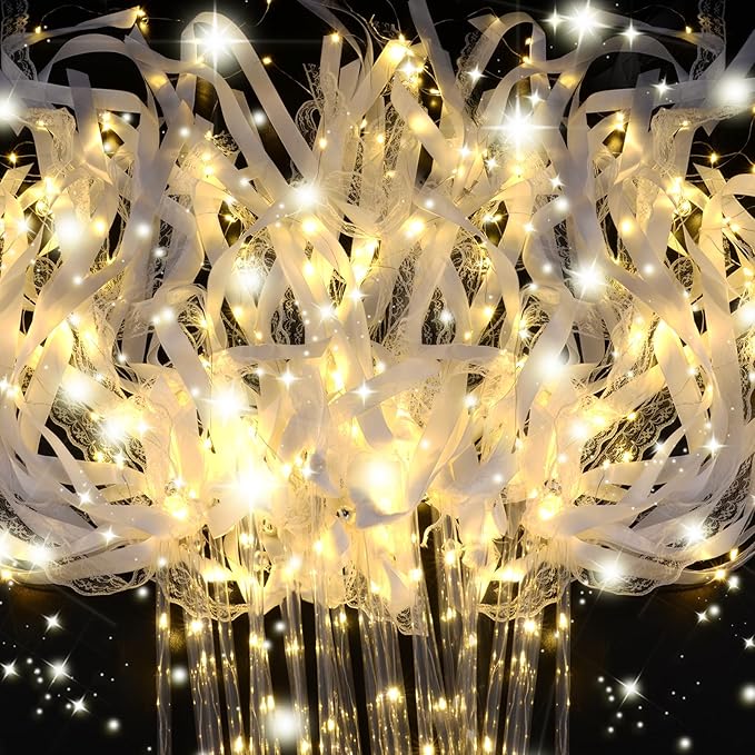 100PCS Light up Wands for wedding, Wedding Wands Streamers with 3 Colorful Flashing Modes, Fairy Wands, LED Silk Fairy Wand with Bells for Wedding, New Year, Thanksgiving, Concert