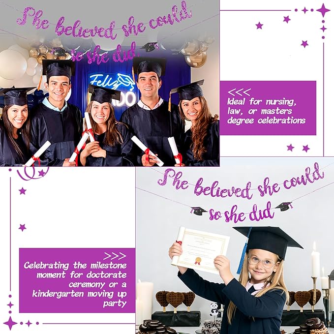 She Believed She Could So She Did Banner - Pre-Strung Glitter Graduation Decorations 2026 for Women Girls, Inspirational Grad Party Supplies, Class of 2026 College High School Masters PhD Decor (Purple)