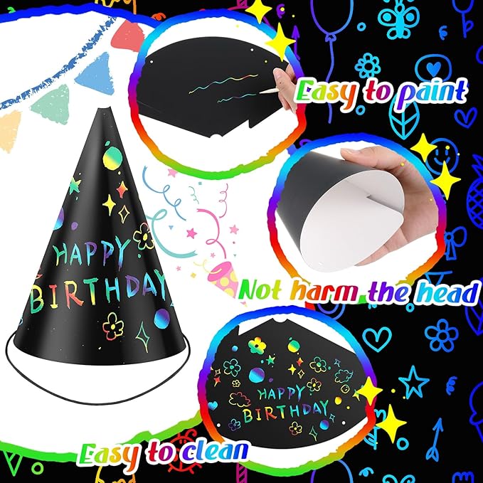Lewtemi Scratch Party Hats DIY Birthday Art Cone Scratch Hats Colorful Party Craft Paper Hat Decorating Supplies