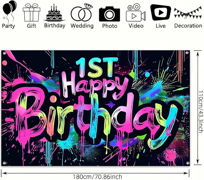 Neon 1st Happy Birthday Banner 71x43 Inch Paint Splatter Backdrop Colorful Wall Decorations for Kids Boys Girls First Birthday Photo Booth Background Supplies and Event Decor