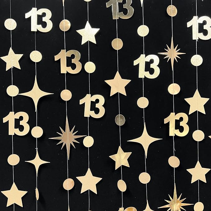 Champagne Gold 13th Birthday Decorations Number 13 Circle Dot Twinkle Star Garland Glitter Streamer Banner Backdrop Girls Boys Cheers to 13 Years Old Birthday Official Teenager Party Supplies